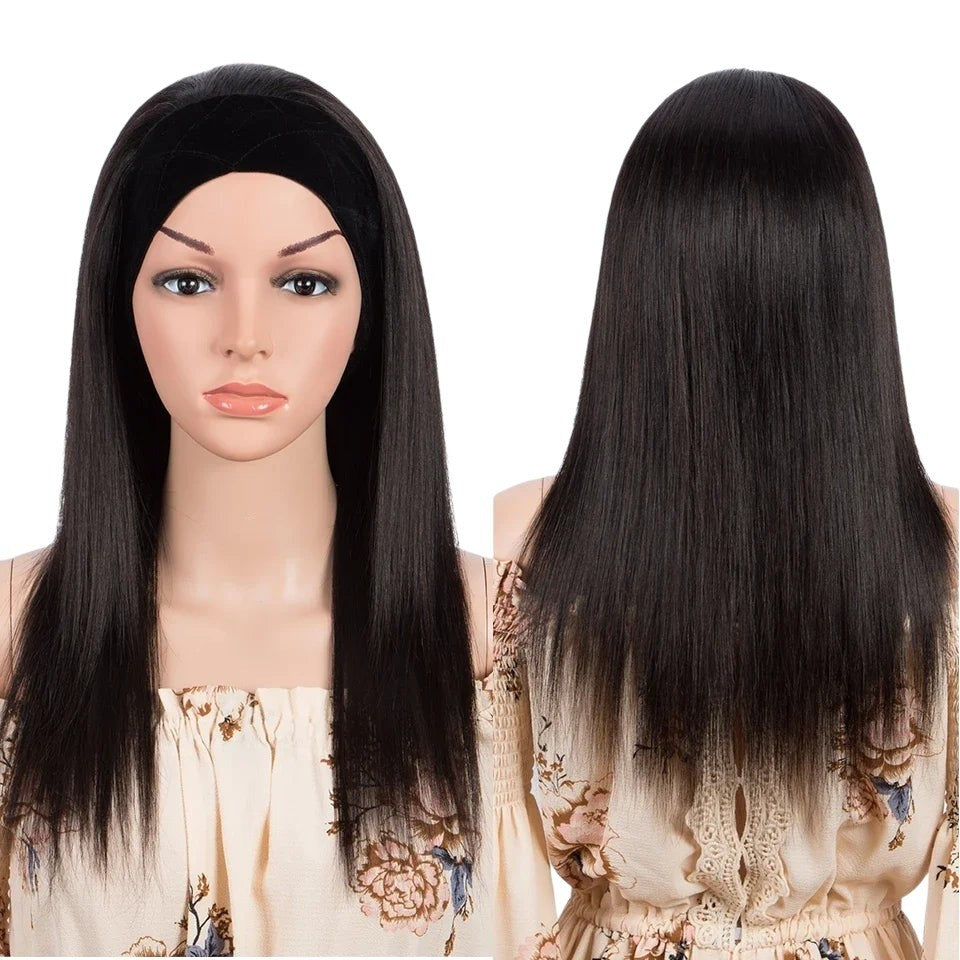 RitzWigs straight black human hair headband wig shown from front and back on a mannequin