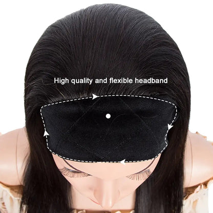 RitzWigs straight black human hair headband wig featuring a high-quality flexible black headband for a secure fit