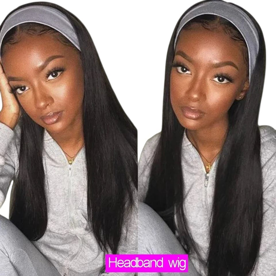 RitzWigs straight black human hair headband wig worn by a model with a grey headband, featuring a natural look.