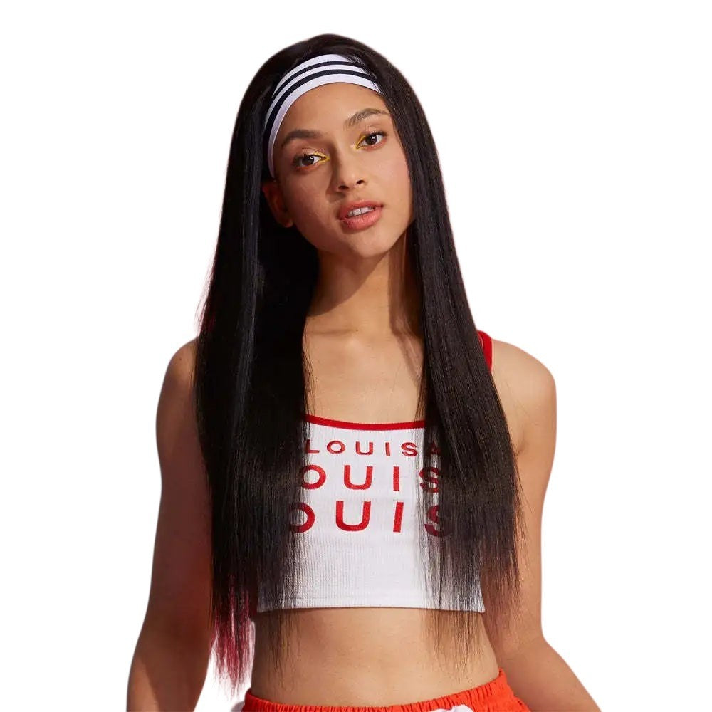 RitzWigs straight black Brazilian Remy human hair headband wig worn by a model with a sporty striped headwrap