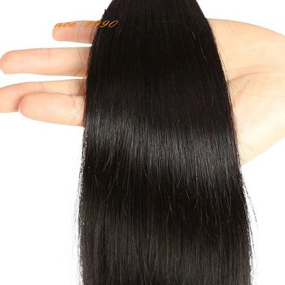 RitzWigs straight black human hair bundle held in a hand, showcasing smooth texture and machine double weft quality.