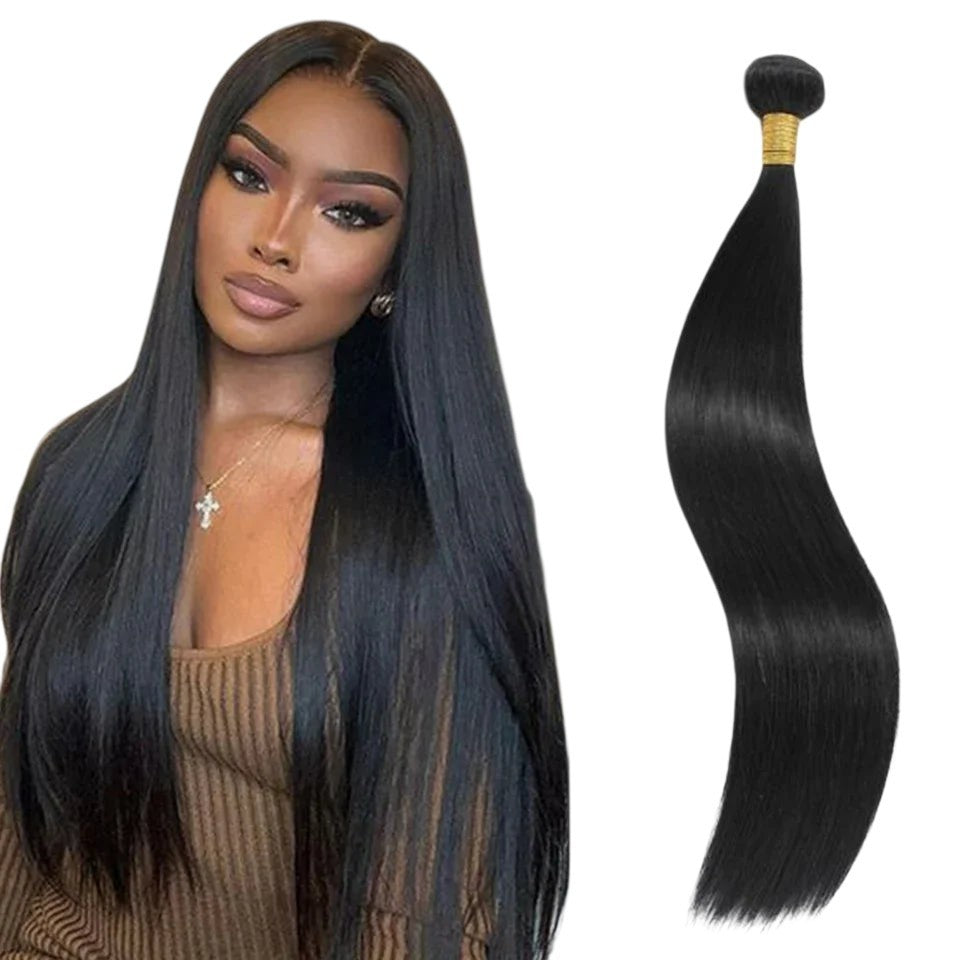 RitzWigs straight black human hair bundle next to a model wearing long, sleek, natural black hair extensions