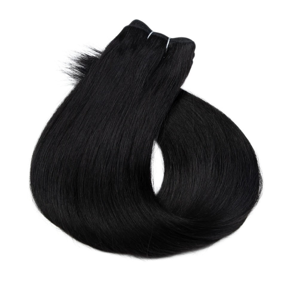 RitzWigs straight black human hair weave bundle with a machine double weft for hair extensions.