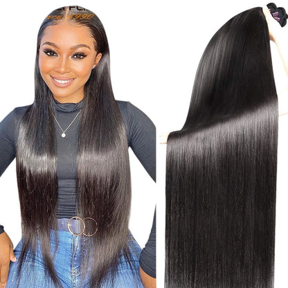 RitzWigs straight black human hair extensions shown on a smiling model and as a separate bundle