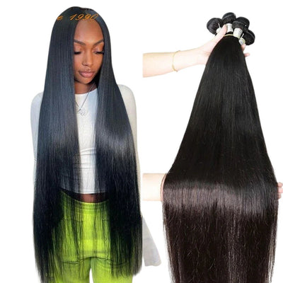 RitzWigs straight black human hair extensions worn by a model and shown as a bundle for high-quality hair weaving.