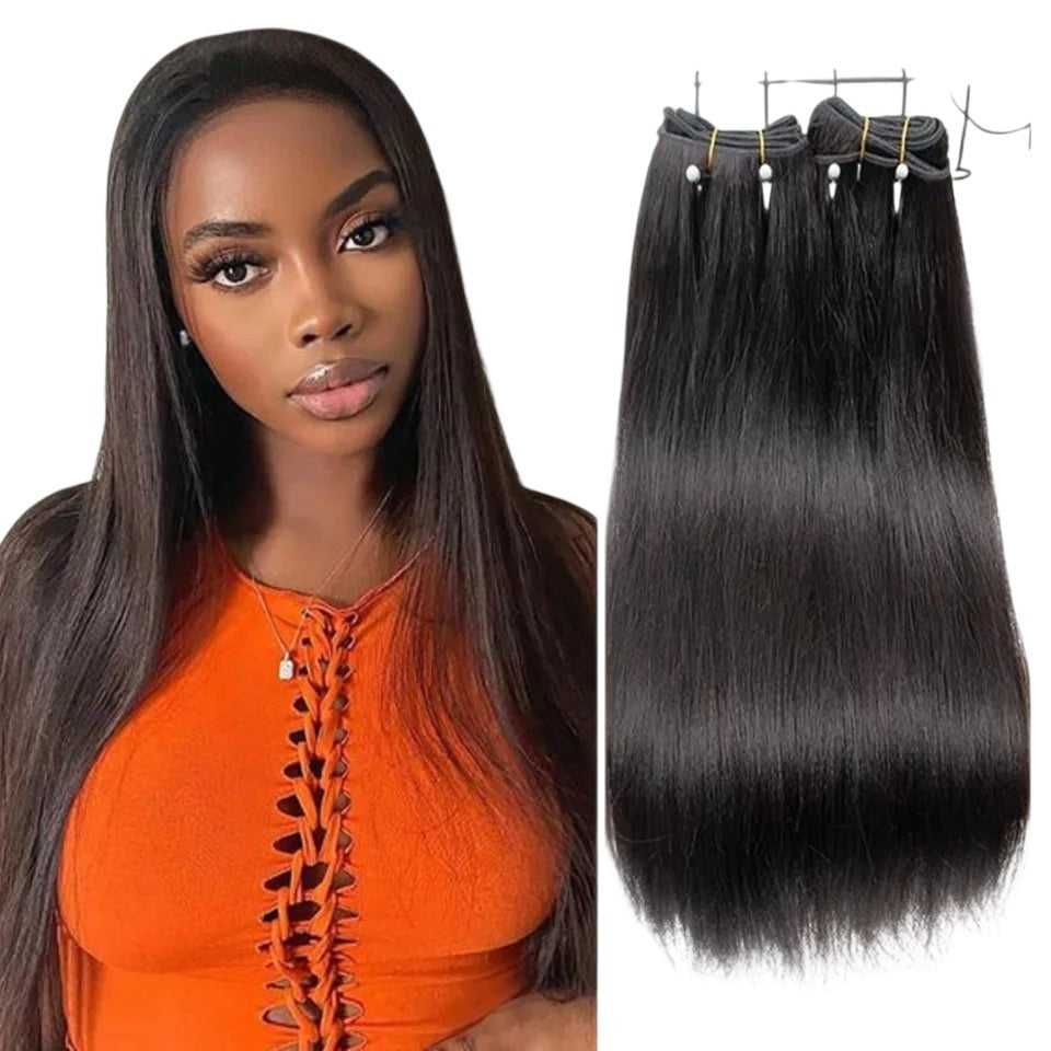 RitzWigs straight black human hair weave bundles with a natural texture and machine double weft for hair extensions.