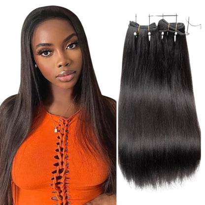 RitzWigs straight black human hair weave bundles with a natural texture and machine double weft for hair extensions.