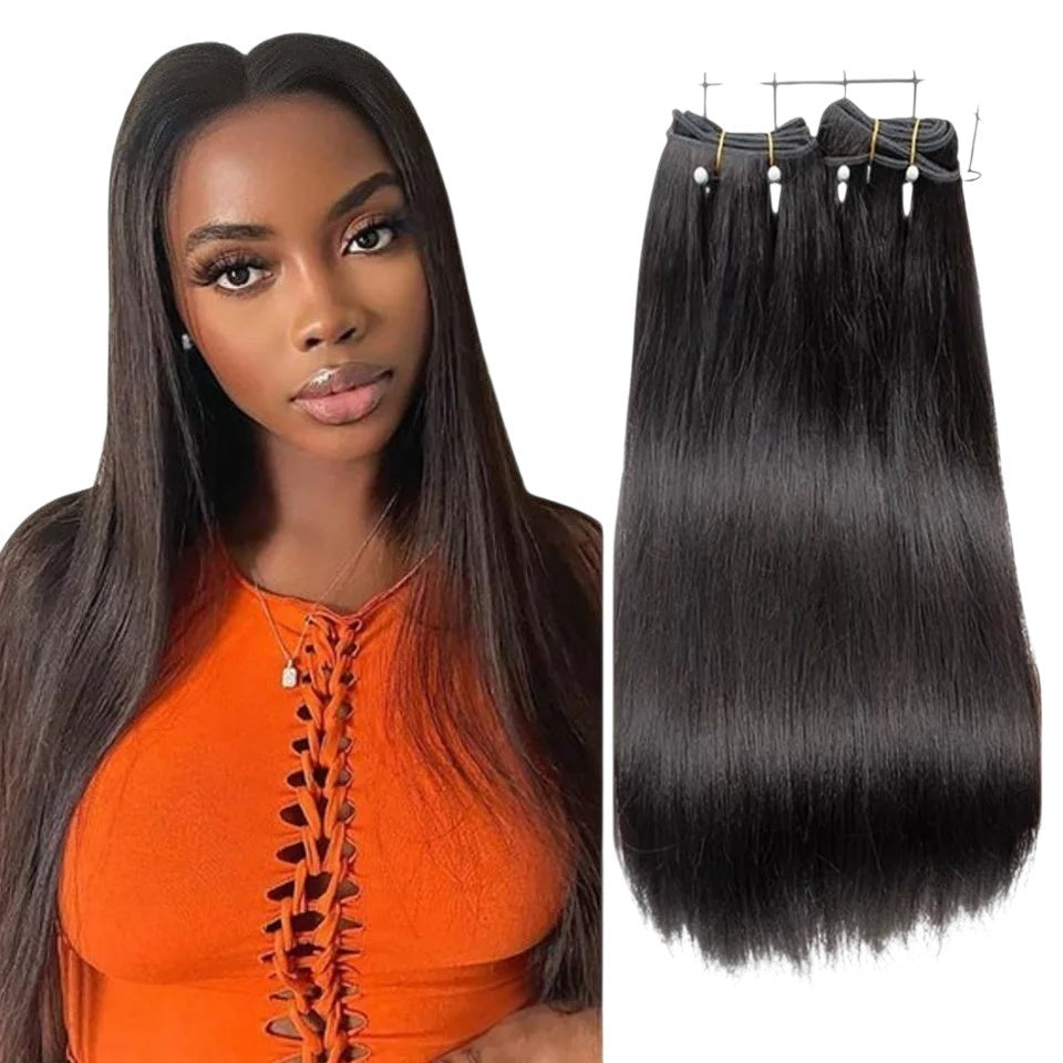 RitzWigs straight black human hair weave bundles shown next to a model with long, sleek dark hair.