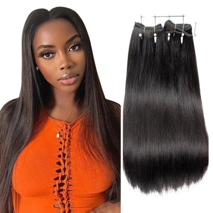 RitzWigs straight black human hair weave bundles shown next to a model with long, sleek dark hair.