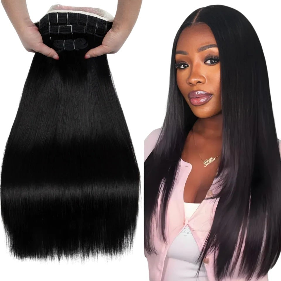RitzWigs straight black human hair weave bundles with machine double weft shown on a model