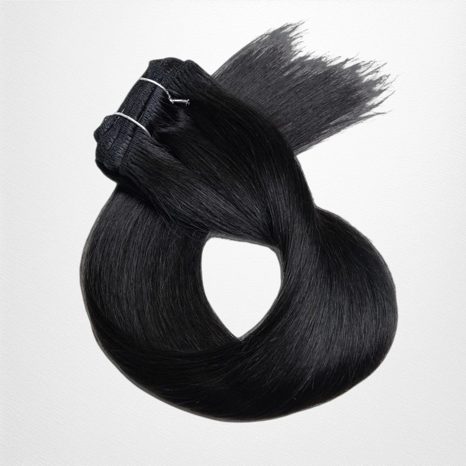 RitzWigs straight natural black human hair clip-in extensions set with secure clips for added volume and length