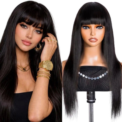 RitzWigs straight black human hair wig with bangs worn by a model and displayed on a mannequin head