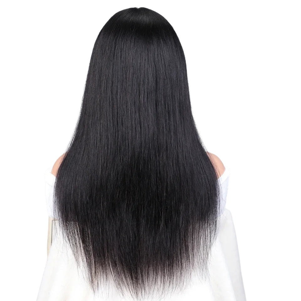 RitzWigs straight black human hair lace front wig viewed from the back, featuring long Remy hair with a natural finish.