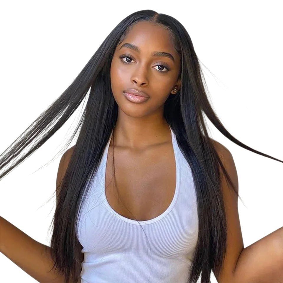 RitzWigs straight black human hair lace front wig with a middle part worn by a model in a white tank top