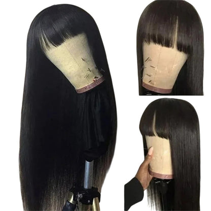 RitzWigs straight black human hair wig with bangs on a mannequin head, showing a sleek and natural style.