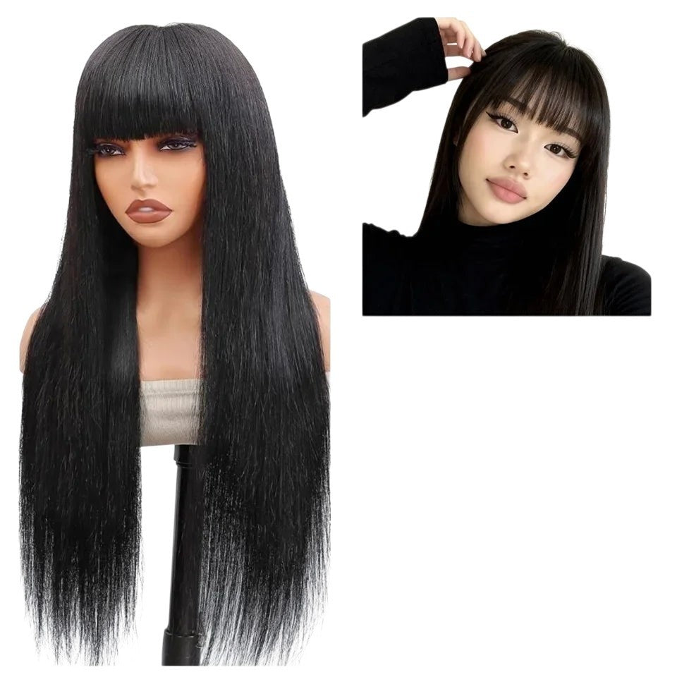 RitzWigs straight black Remy human hair wig with bangs on a mannequin head and worn by a model
