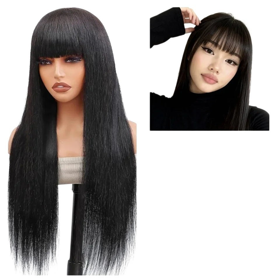 RitzWigs straight black Remy human hair wig with bangs on a mannequin head and a model wearing the style