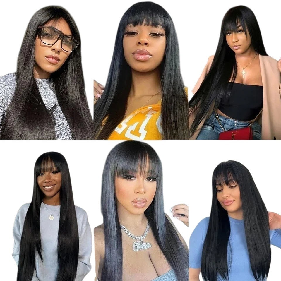 RitzWigs straight black human hair wig with bangs worn by various women in a collage of styles.