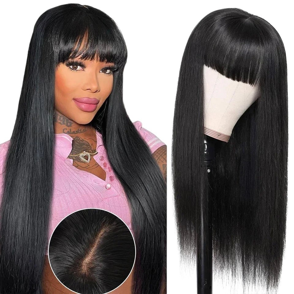 RitzWigs straight black human hair wig with bangs worn by a model and displayed on a mannequin head