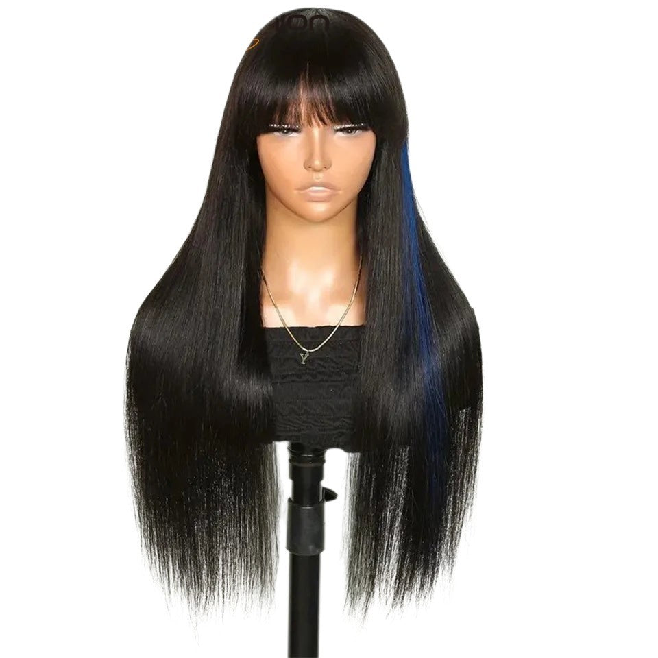 RitzWigs straight black Remy human hair wig with bangs and a blue highlight streak on a mannequin head