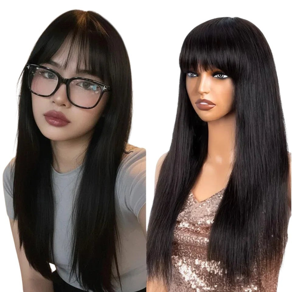 RitzWigs straight black human hair wig with bangs worn by a model and displayed on a mannequin head