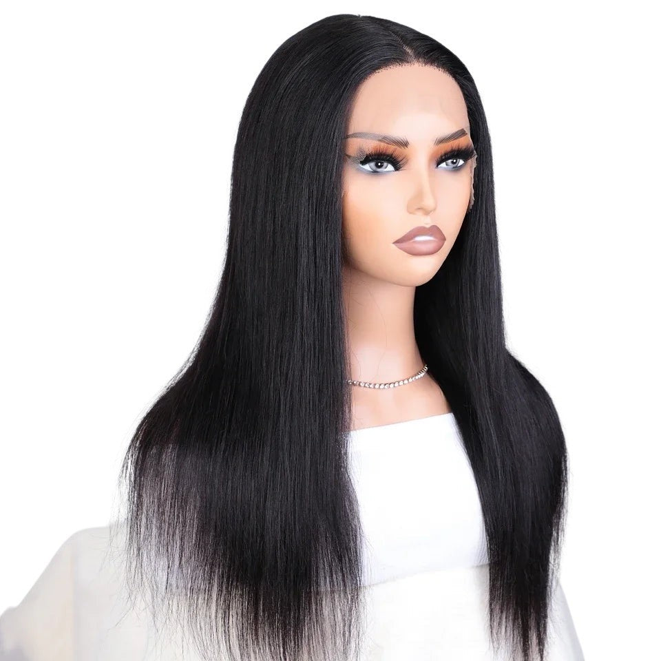 RitzWigs straight black human hair lace front wig with a natural middle part on a mannequin head