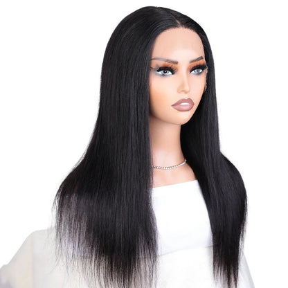 RitzWigs straight black human hair lace front wig with a natural middle part on a mannequin head