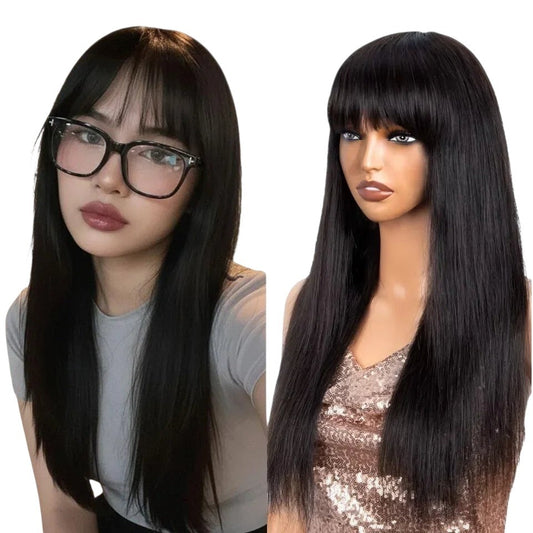 RitzWigs straight black human hair wig with bangs shown on a model and a mannequin head