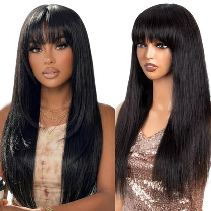 RitzWigs straight black Remy human hair wig with bangs on a model and a mannequin head