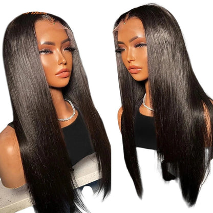 RitzWigs straight black human hair lace front wig on a mannequin with transparent lace and middle part