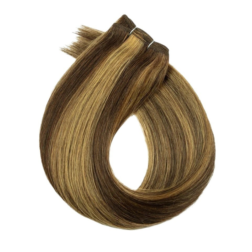RitzWigs straight Remy human hair weave bundle with highlighted honey blonde and brown tones on a machine double weft.