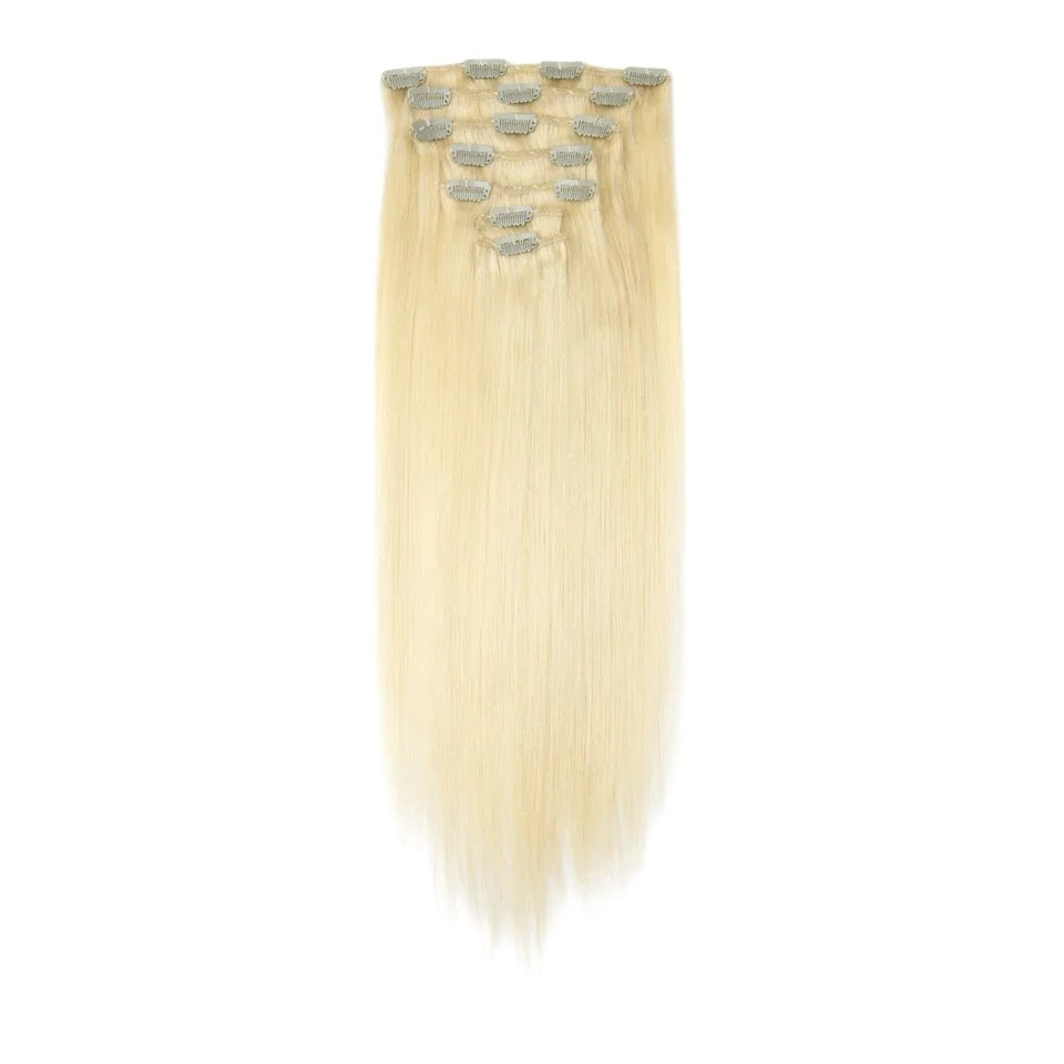 RitzWigs straight blonde human hair clip-in extensions with secure metal clips on a white background
