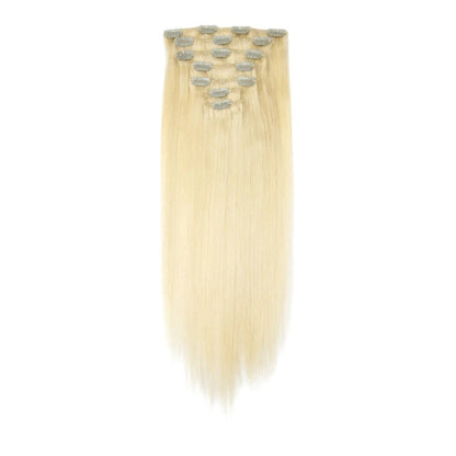 RitzWigs straight blonde human hair clip-in extensions with secure metal clips on a white background