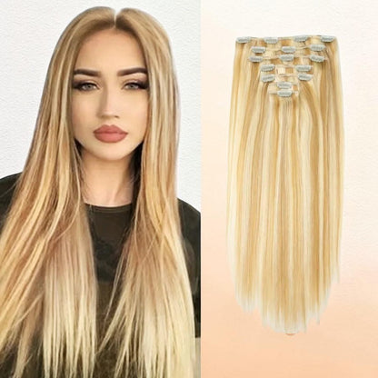 RitzWigs 7-piece straight blonde human hair clip-in extensions with double weft for full head volume and natural length