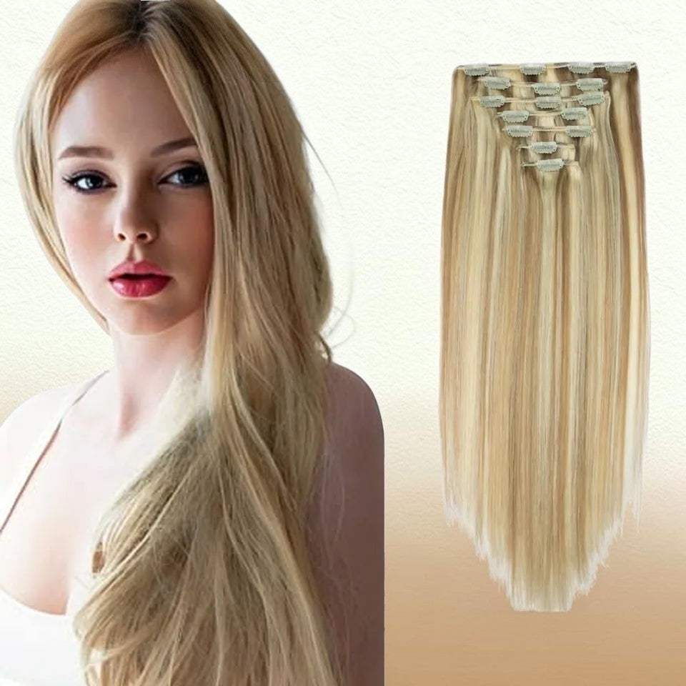 RitzWigs straight blonde human hair clip-in extensions with double weft design for full head volume.