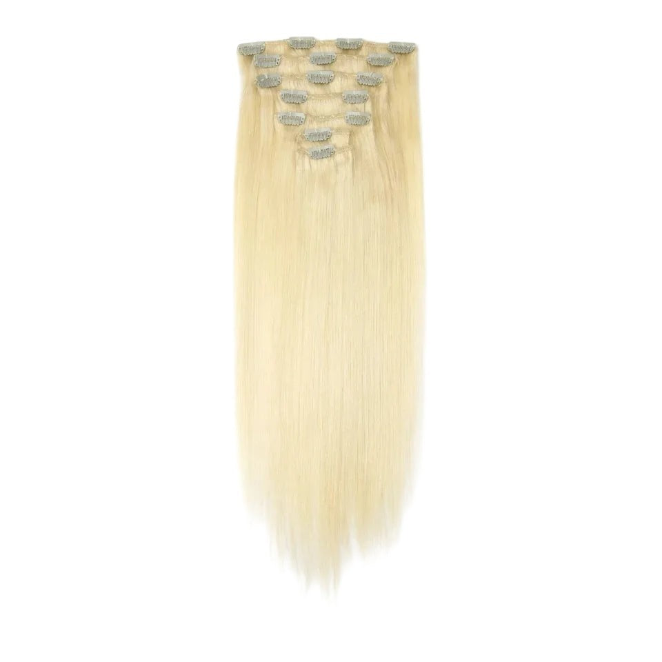 RitzWigs straight blonde human hair clip-in extensions set with silver clips on a white background