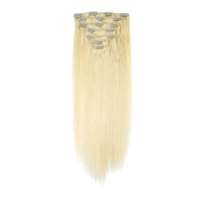 RitzWigs straight blonde human hair clip-in extensions set with silver clips on a white background