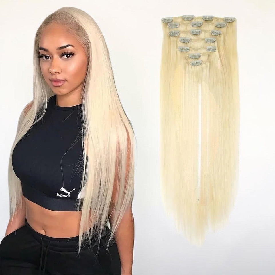 RitzWigs straight blonde human hair clip-in extensions set for full head coverage and added volume