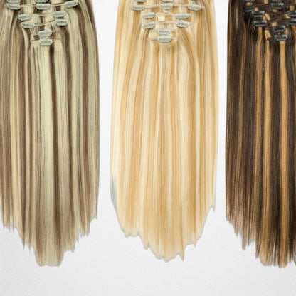 RitzWigs straight blonde and highlighted human hair clip-in extensions in a 7-piece set with secure clips