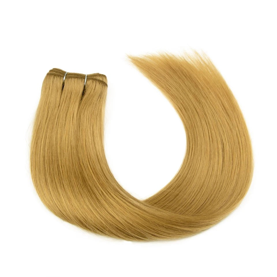 RitzWigs straight blonde human hair weft extensions with a silky texture and reinforced construction.