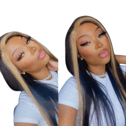 RitzWigs straight human hair lace front wig with blonde highlights on a woman wearing a white t-shirt