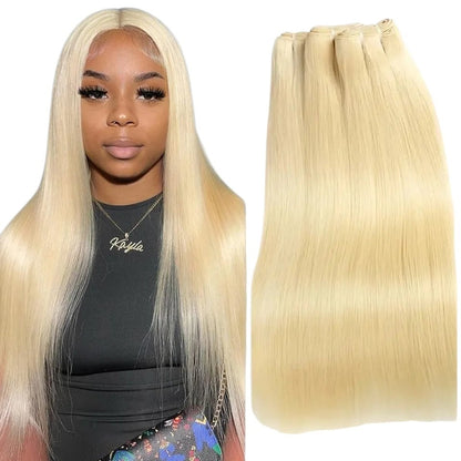 RitzWigs straight blonde human hair weave bundle next to a model with long platinum blonde straight hair