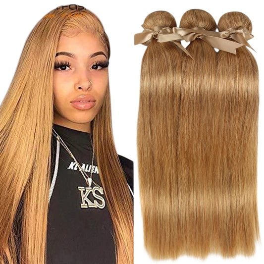 RitzWigs straight blonde Brazilian human hair bundles with a model wearing the matching hair extensions.