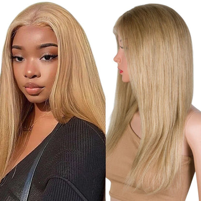 RitzWigs straight blonde human hair lace front wig with transparent lace and middle part on a model and mannequin