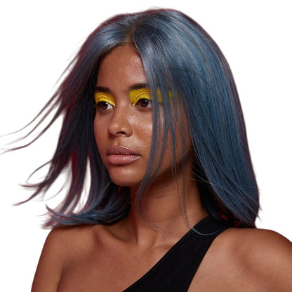 RitzWigs model wearing straight blue Brazilian Remy human hair with a natural lace closure against a red background