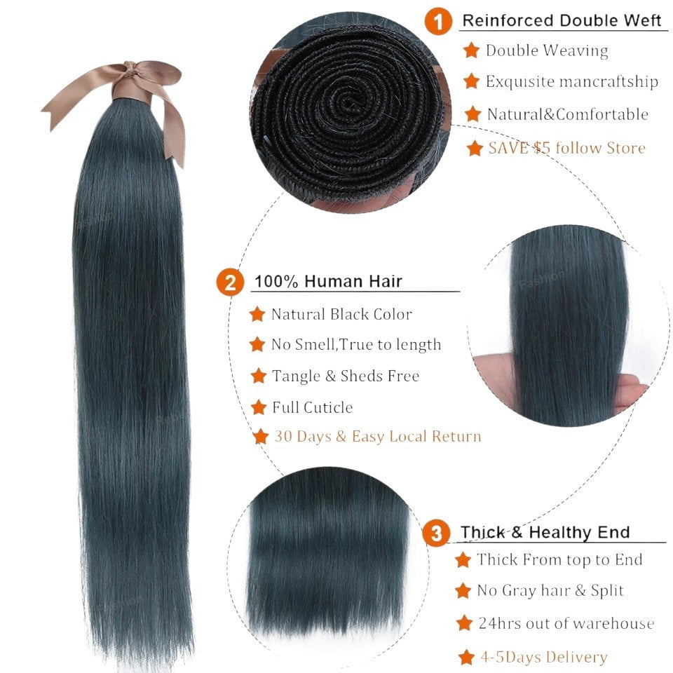 RitzWigs straight blue Brazilian Remy human hair bundles with reinforced double weft and thick healthy ends