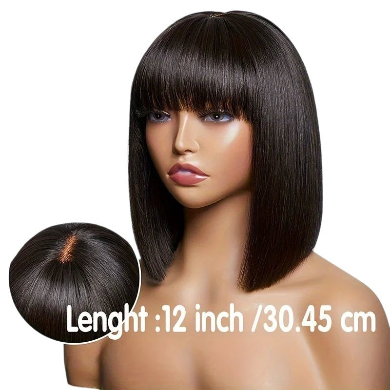 RitzWigs 12-inch straight bob human hair wig with bangs and a realistic scalp on a mannequin head