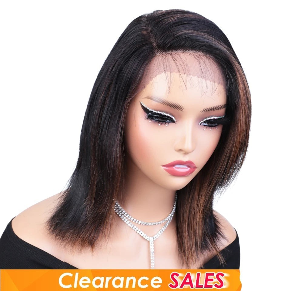 RitzWigs straight bob lace front wig on a mannequin with natural black and brown highlights and transparent lace