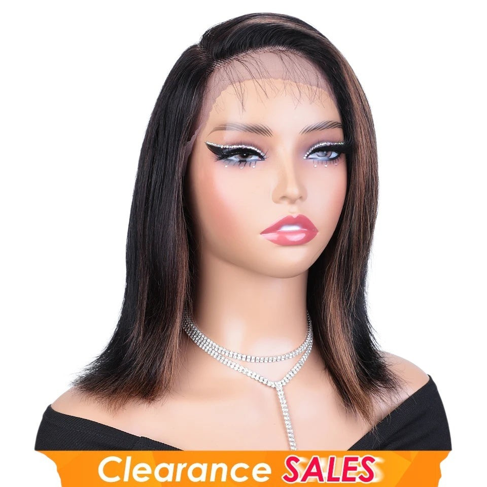 RitzWigs straight bob lace front wig on a mannequin with natural black and brown highlights and transparent lace