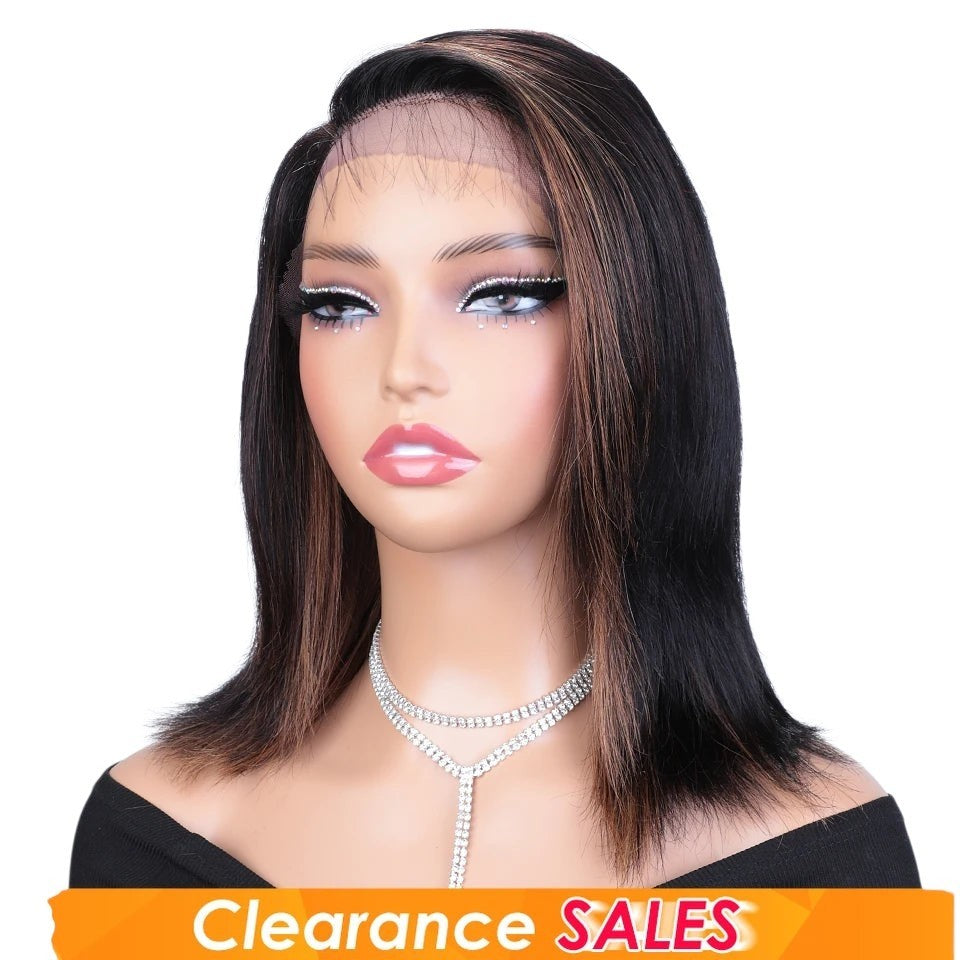 RitzWigs straight bob human hair lace front wig with side part and brown highlights on a mannequin head